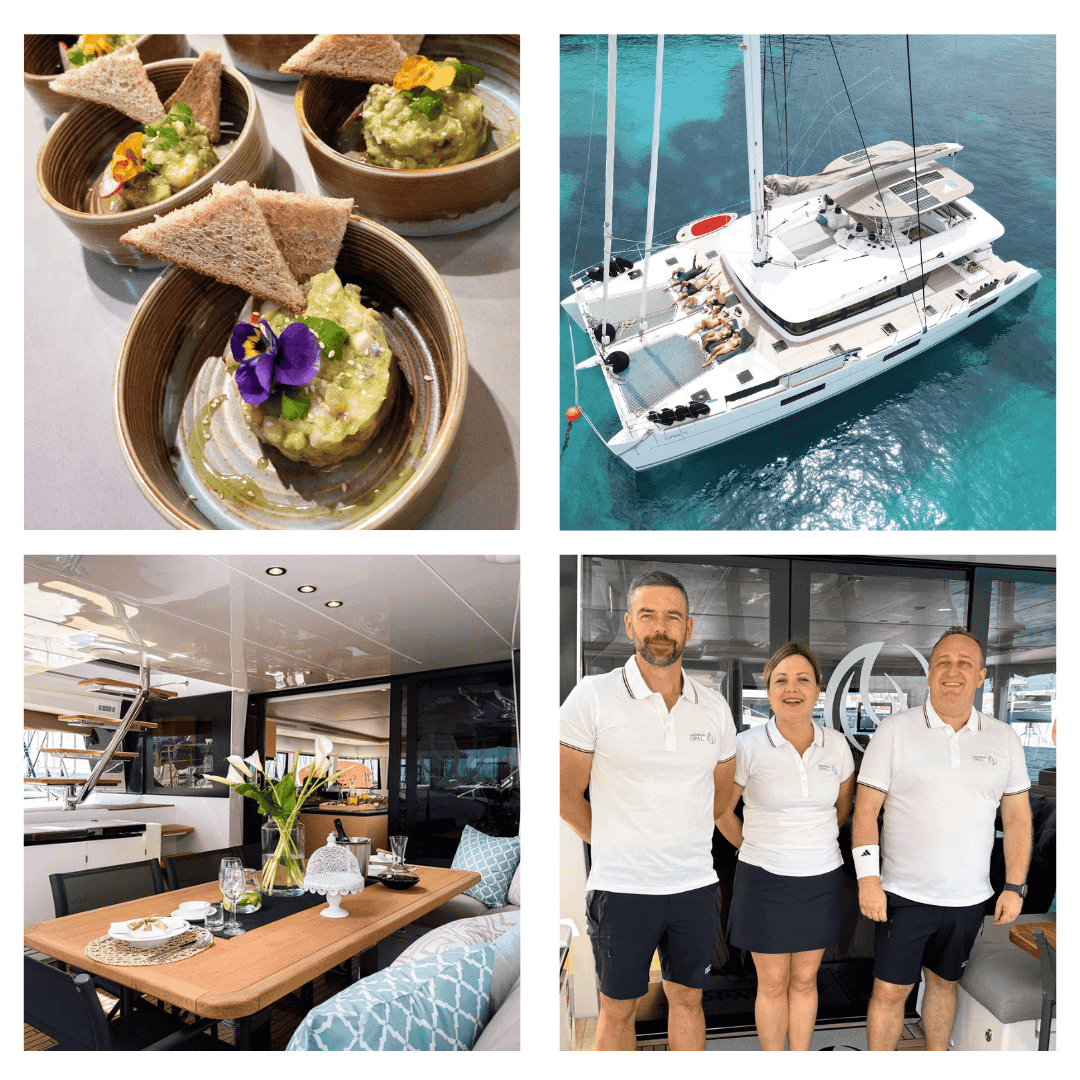 Luxury BVI crewed yacht with guests enjoying sunset dining on deck